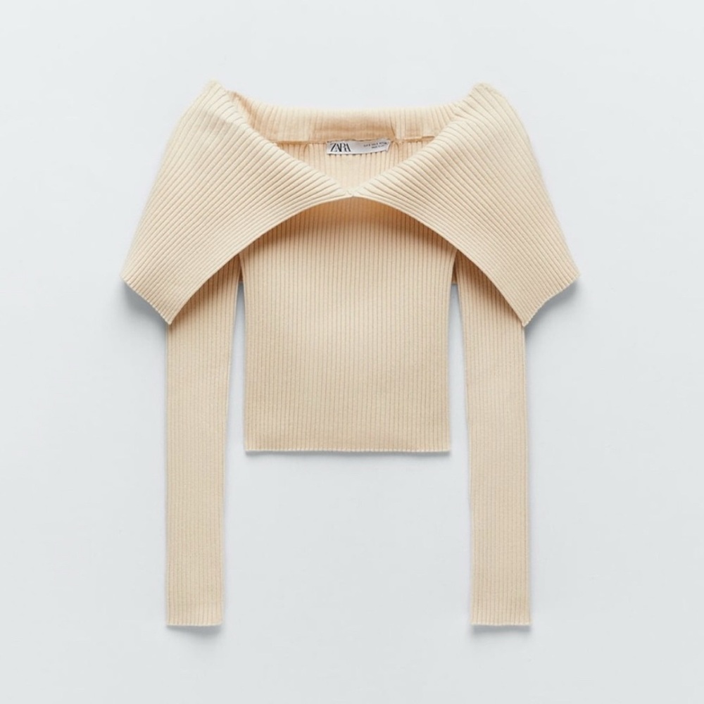 Zara 2020 Ecru Ribbed Elegant Cream Off-Shoulder Top